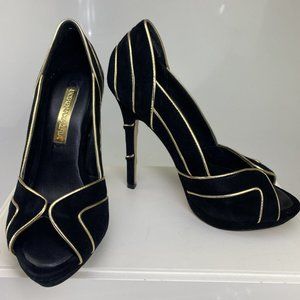 BCBG BLACK SUEDE WITH GOLD PIPING PEEP TOE PUMPS